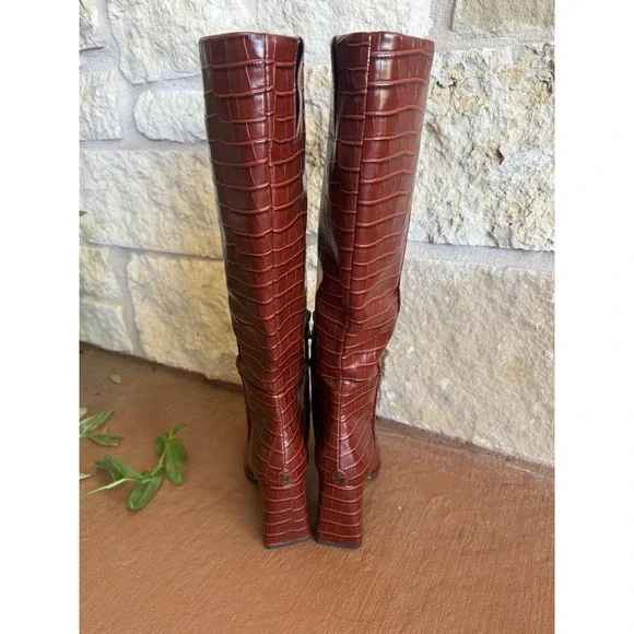 Sam Edelman RARE Raekel Croc-embossed Spiced Red Leather Block Heel Tall Boot 8M - Picture 6 of 11